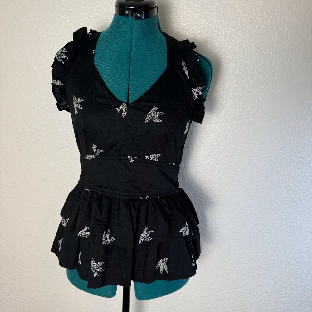 Womens Halter top Sz 4 Black with white embroidered birds smocked back neck
